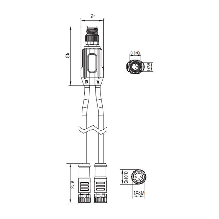 M8 3Pin male /2M8 3Pin female, Y-shape pre-cast PVC non-flexible cable, grey sheathing, 63D343-XXX