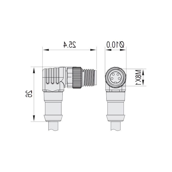 M8 4Pin, male head 90°, single-end precast cable, welding slag resistant PUR material, orange sheath, 63T581-XXX